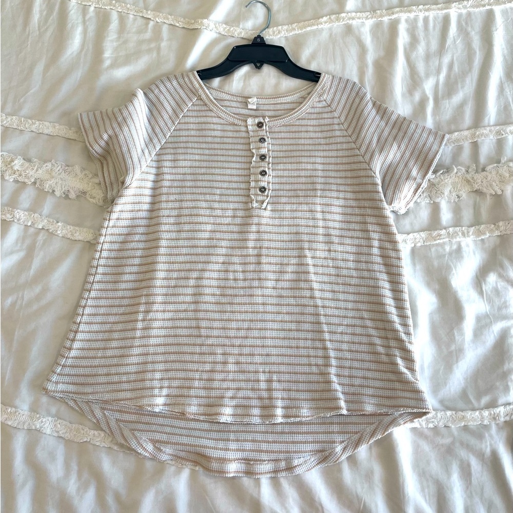 White and Tan Striped Short Sleeve. NEVER WORN